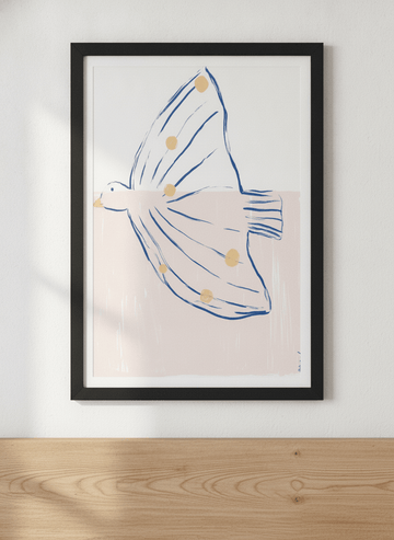 Minimalist artwork displayed in a calm, light-filled bedroom interior