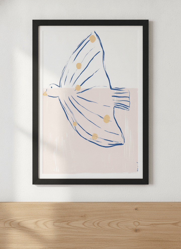 Minimalist artwork displayed in a calm, light-filled bedroom interior