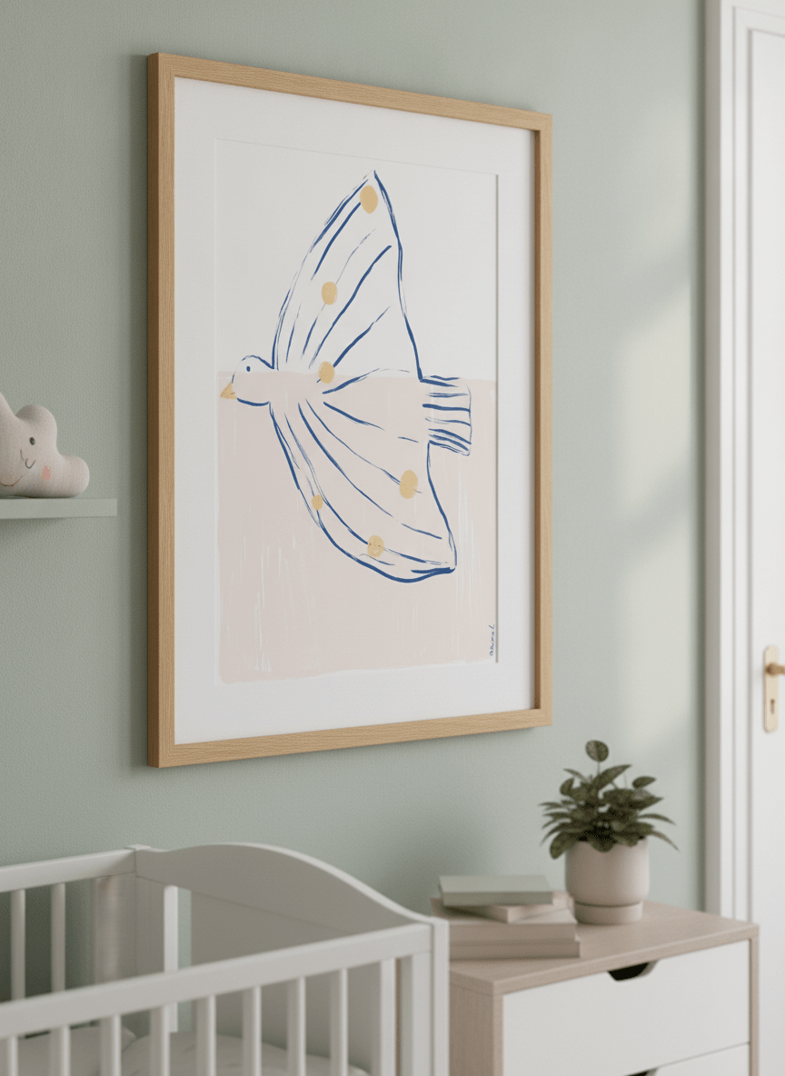 Soft neutral wall art styled in a serene nursery with pastel tones