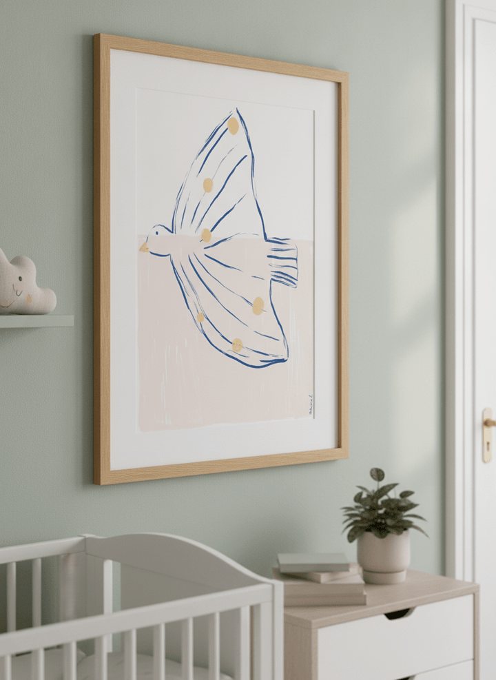 Soft neutral wall art styled in a serene nursery with pastel tones