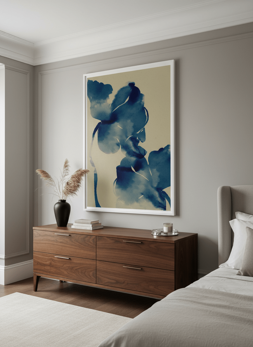 Monumental artwork centred on a feature wall in a luxe interior