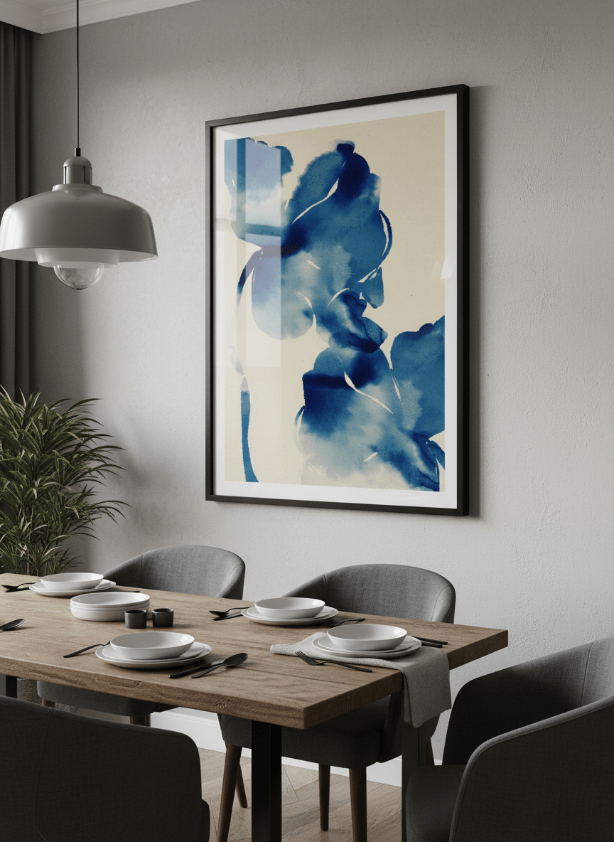 Wall art styled above a dining table in a contemporary home