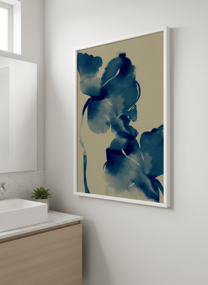 Modern print displayed in a clean minimalist bathroom setting