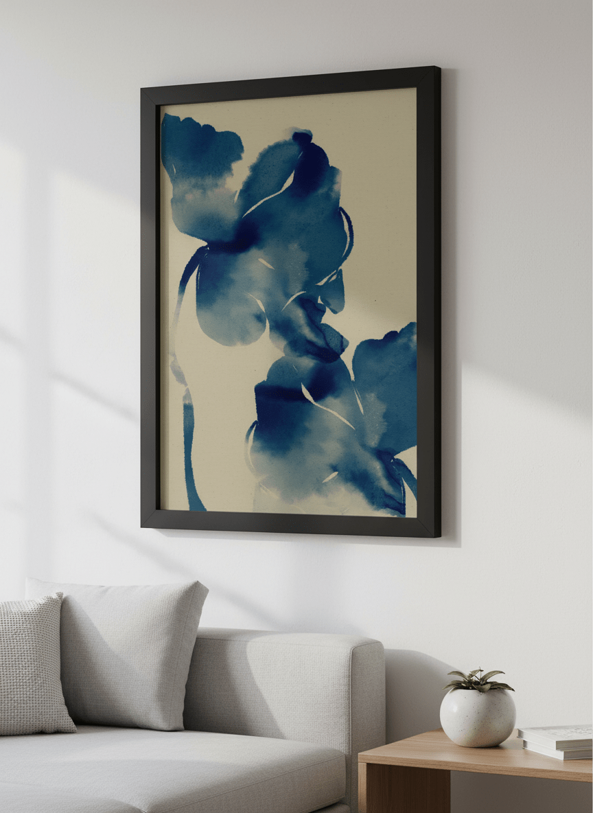 Modern wall art styled above a sofa in a neutral living room