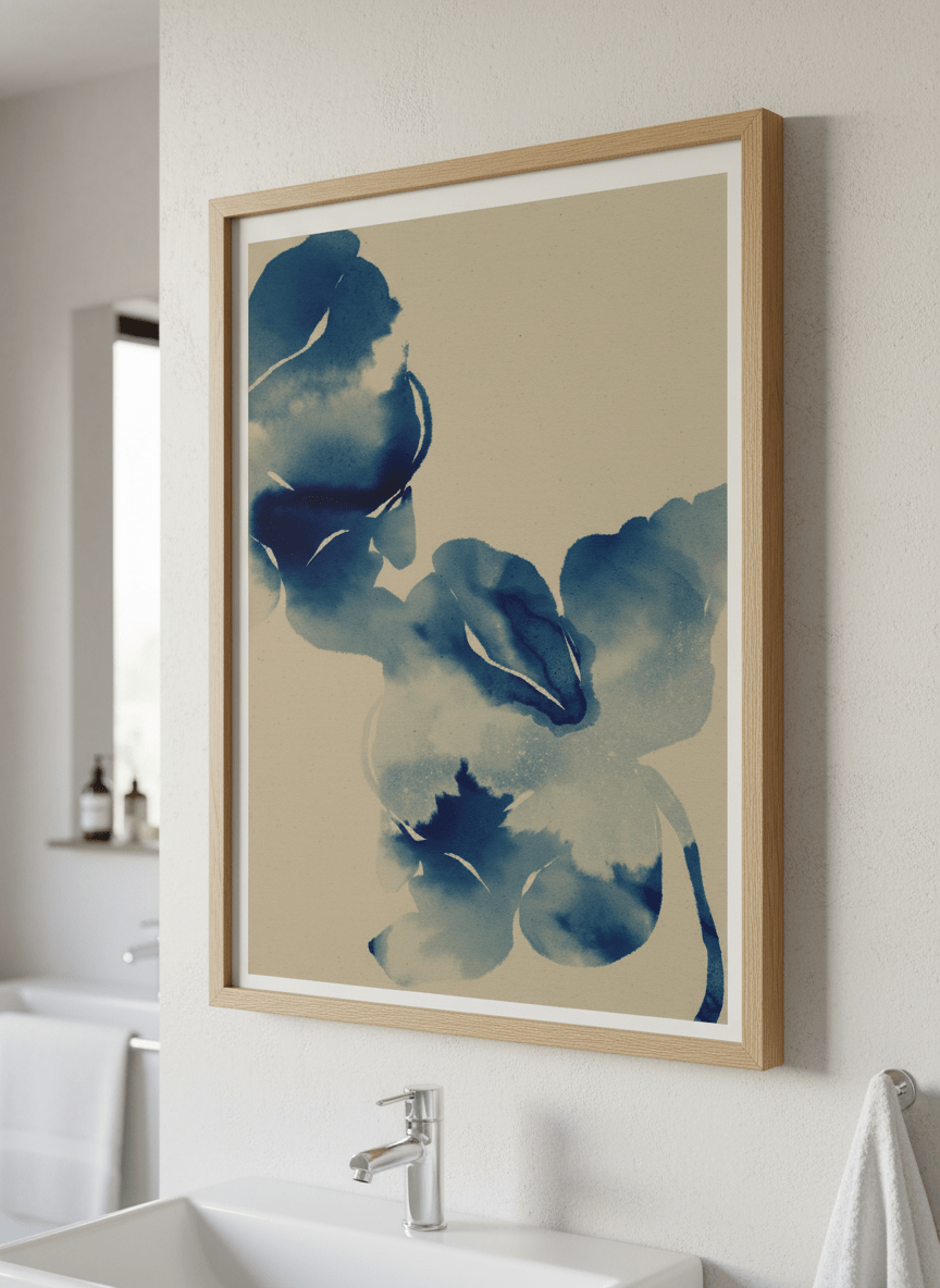 Modern print displayed in a clean minimalist bathroom setting