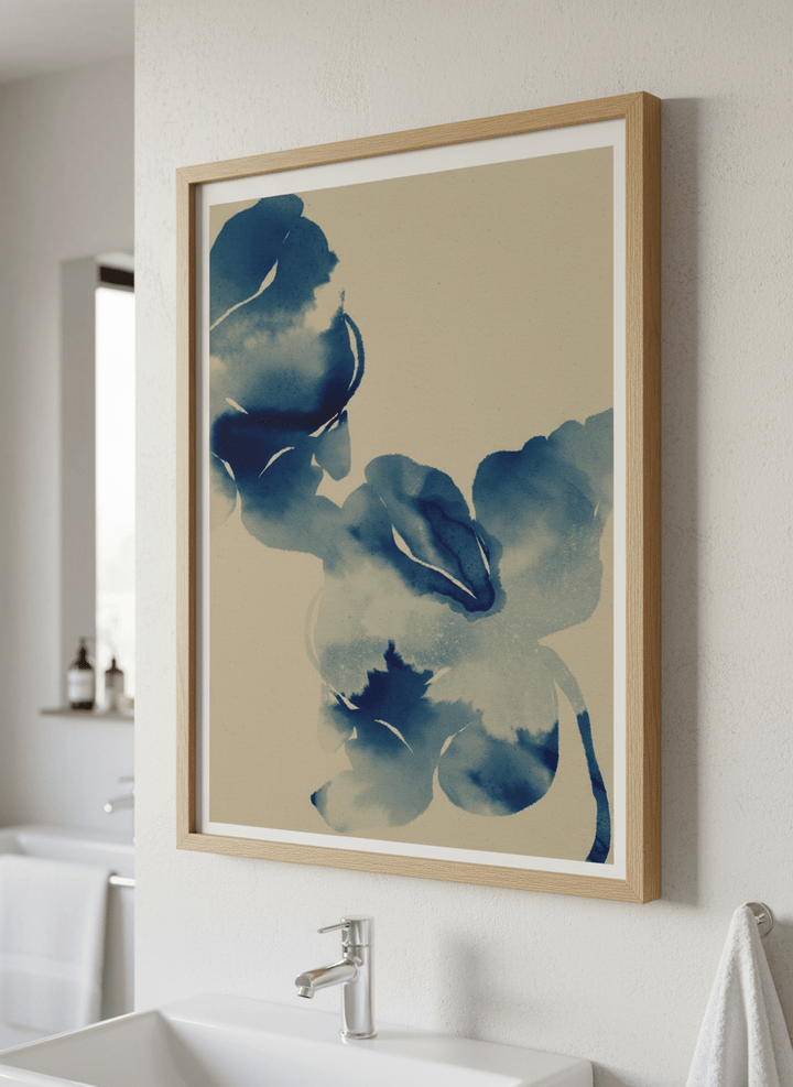 Modern print displayed in a clean minimalist bathroom setting