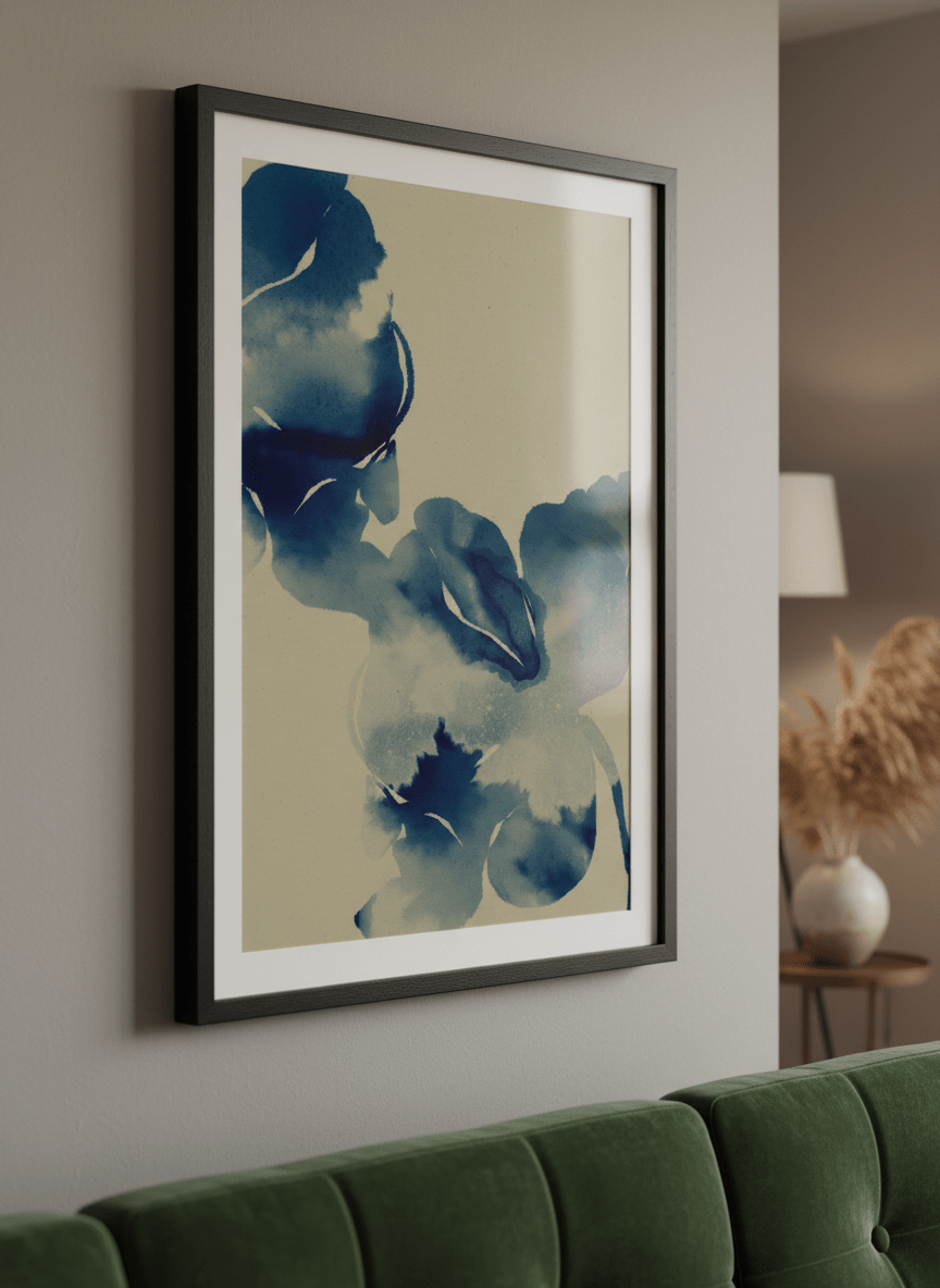 Modern wall art styled above a sofa in a neutral living room