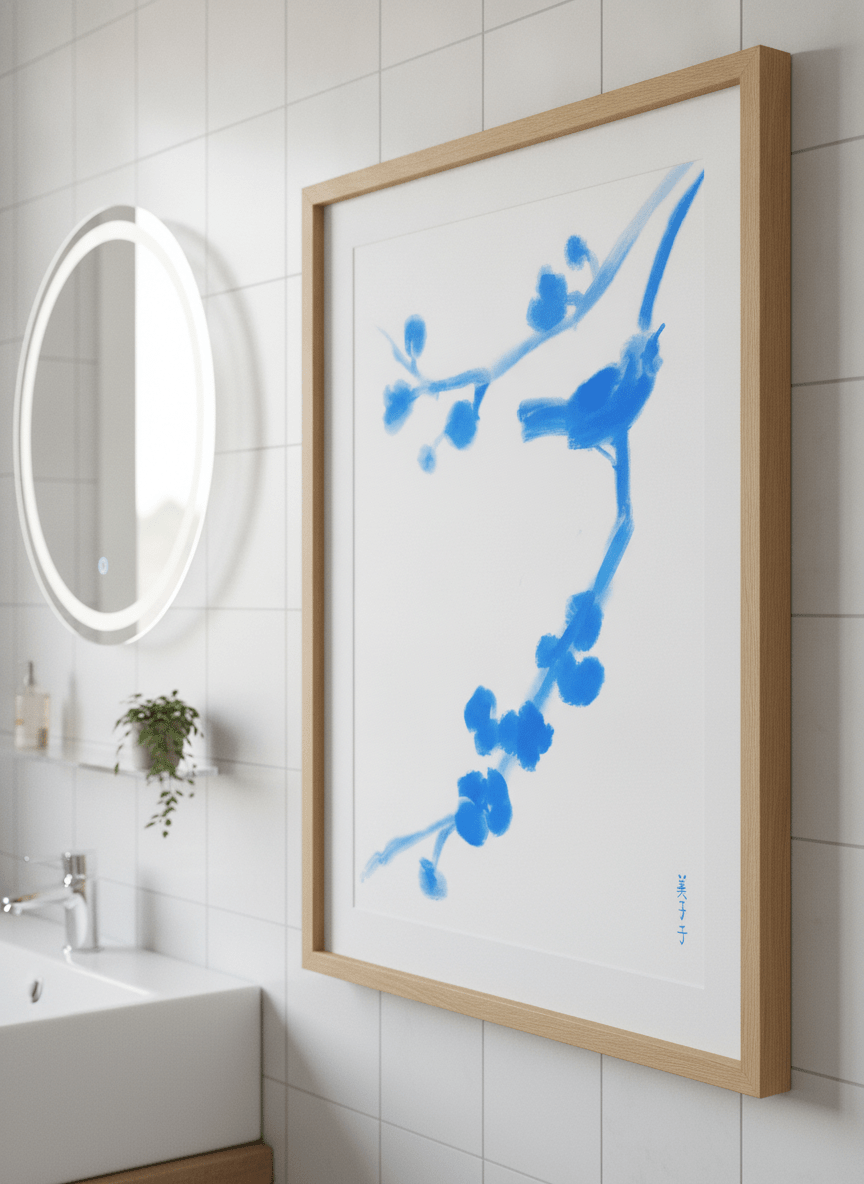 Modern print displayed in a clean minimalist bathroom setting