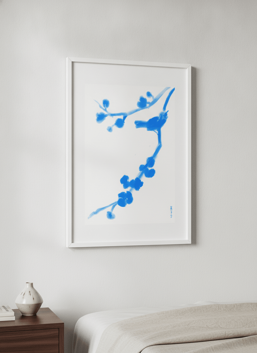 Minimalist artwork displayed in a calm, light-filled bedroom interior