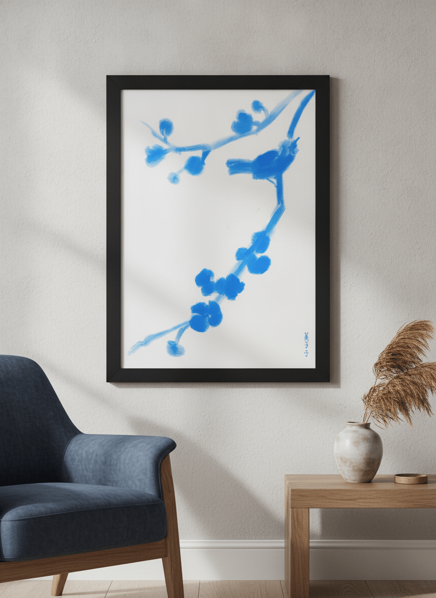 Modern wall art styled above a sofa in a neutral living room