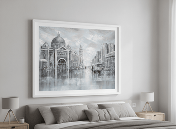 Minimalist artwork displayed in a calm, light-filled bedroom interior