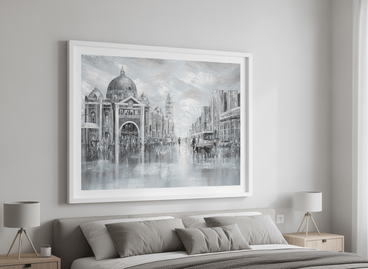Minimalist artwork displayed in a calm, light-filled bedroom interior