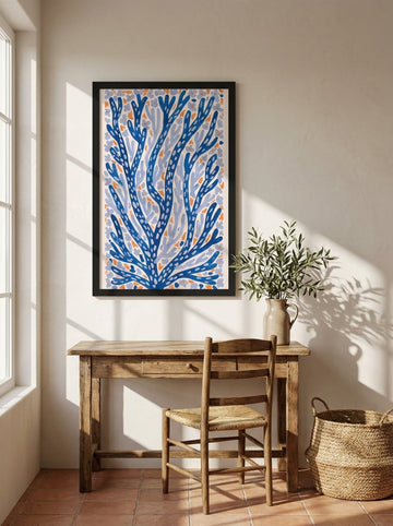 Modern wall art print styled on the wall in a Mediterranean home office