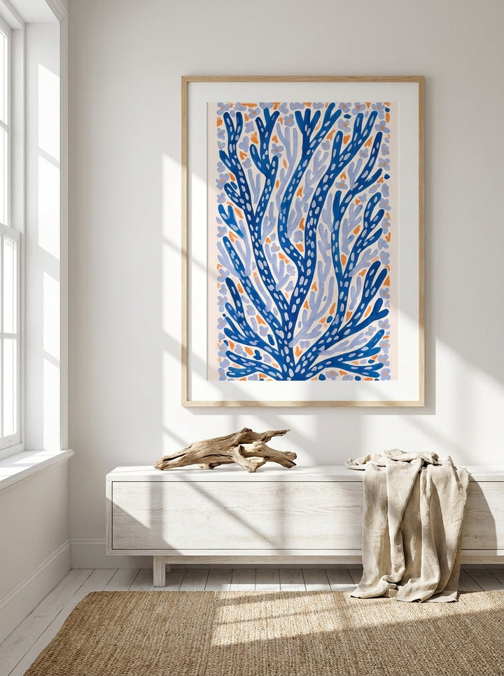 Modern wall art print styled on the wall in a coastal living room
