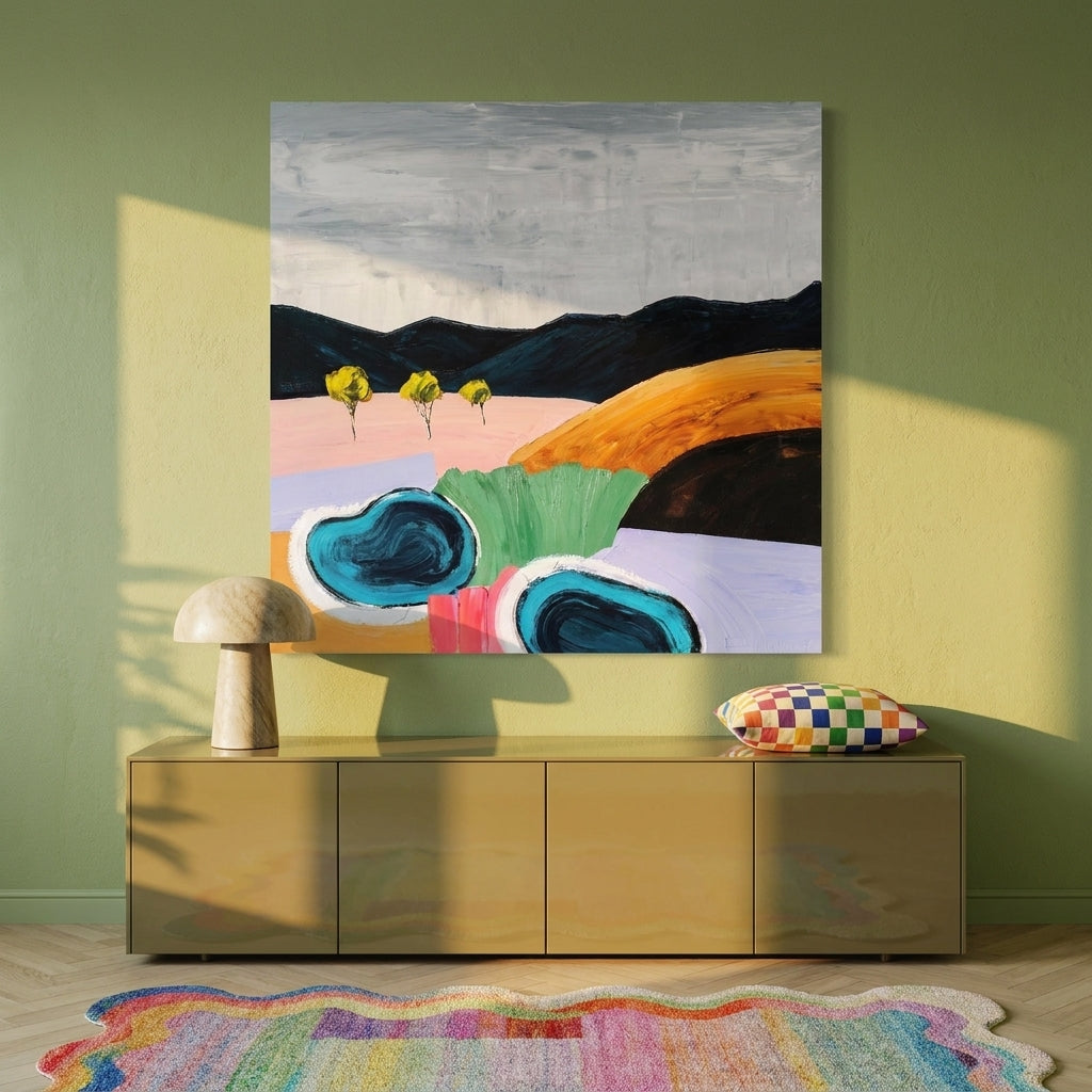 Stretched canvas wall art styled on the wall in a colourful eclectic living room