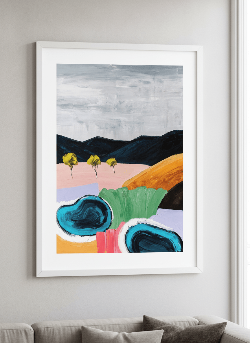 Modern wall art styled above a sofa in a neutral living room