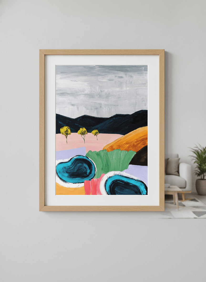 Modern wall art styled above a sofa in a neutral living room