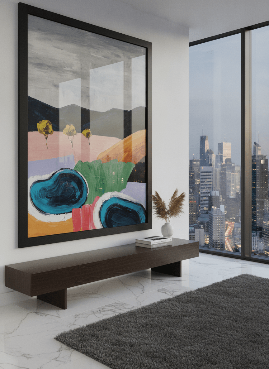Monumental artwork centred on a feature wall in a luxe interior