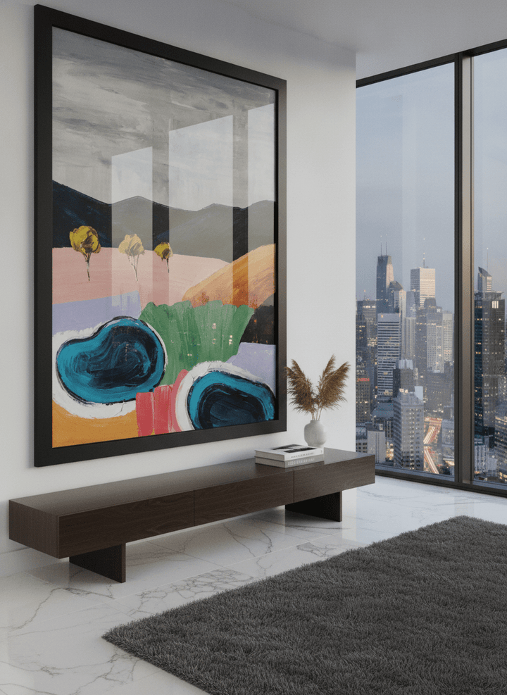 Monumental artwork centred on a feature wall in a luxe interior