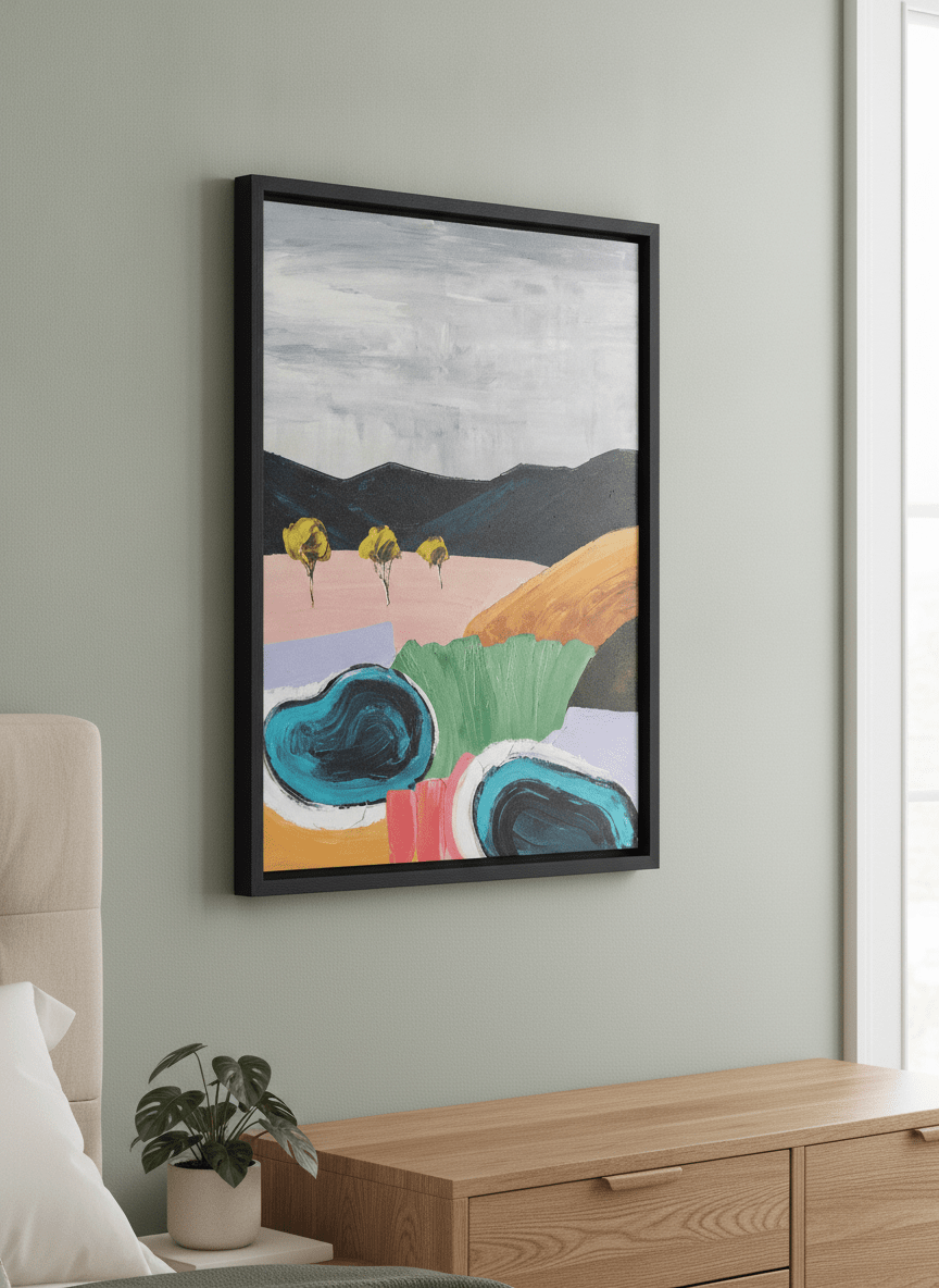 Minimalist artwork displayed in a calm, light-filled bedroom interior