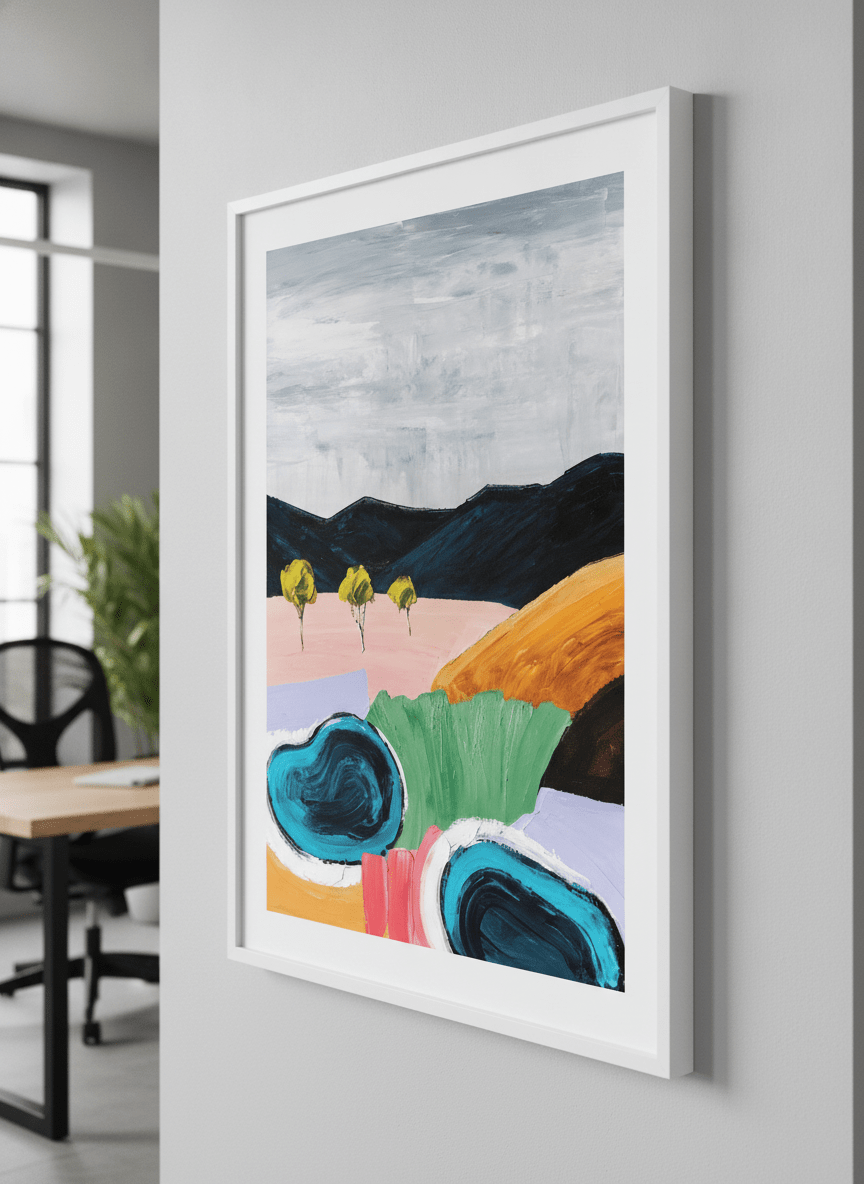 Contemporary wall art featured in a bright modern office workspace
