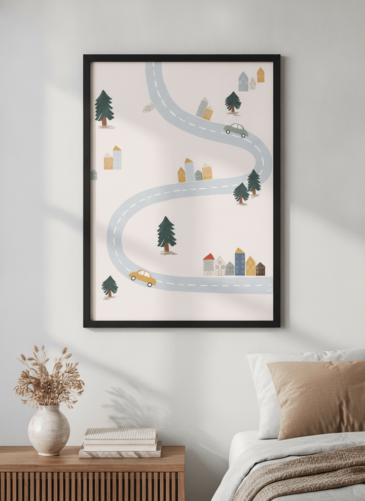Minimalist artwork displayed in a calm, light-filled bedroom interior