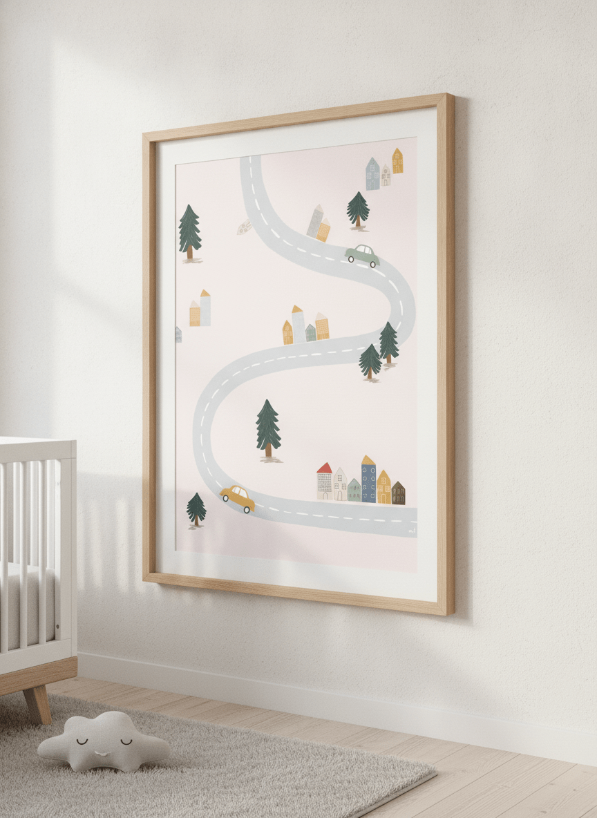 Soft neutral wall art styled in a serene nursery with pastel tones