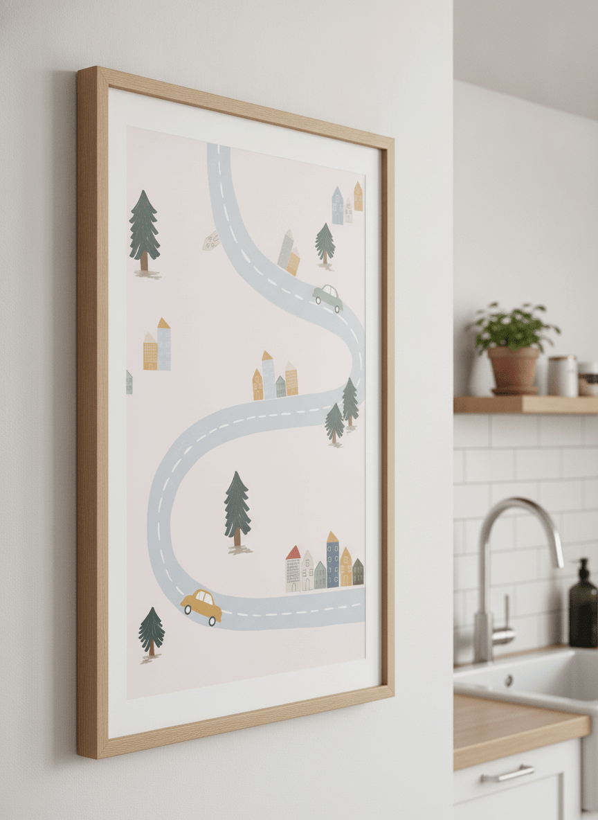 Artwork styled on the wall of a bright modern kitchen