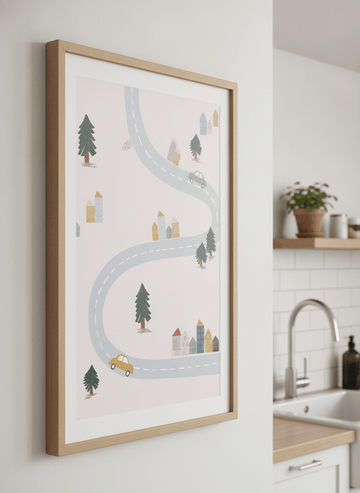 Artwork styled on the wall of a bright modern kitchen