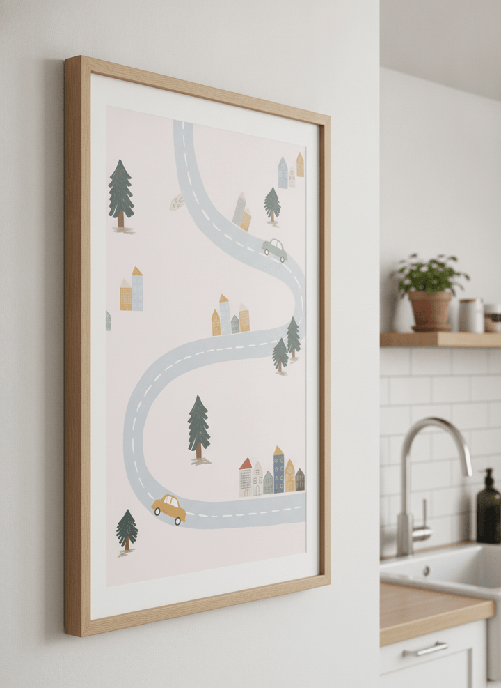 Artwork styled on the wall of a bright modern kitchen