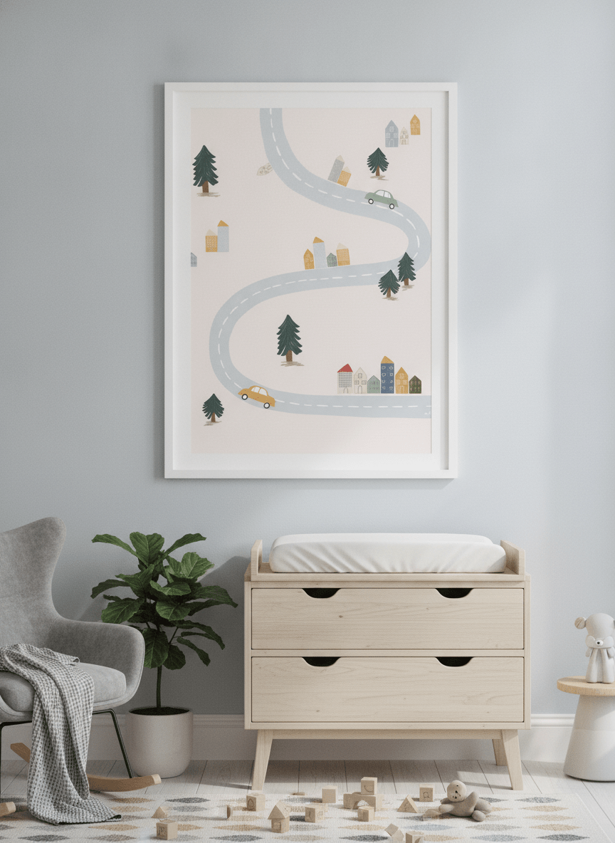 Soft neutral wall art styled in a serene nursery with pastel tones