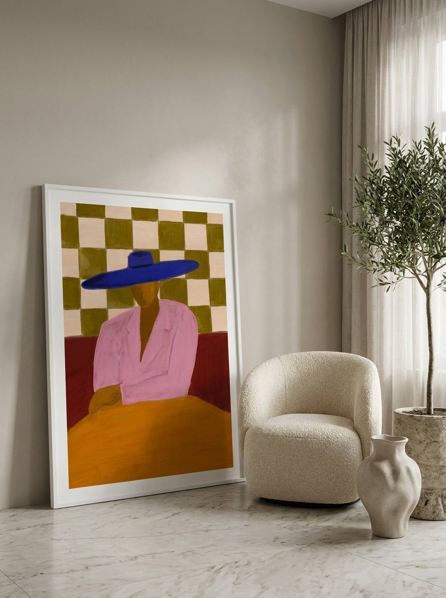 Oversized statement modern wall art print leaning against the wall in a luxe living room
