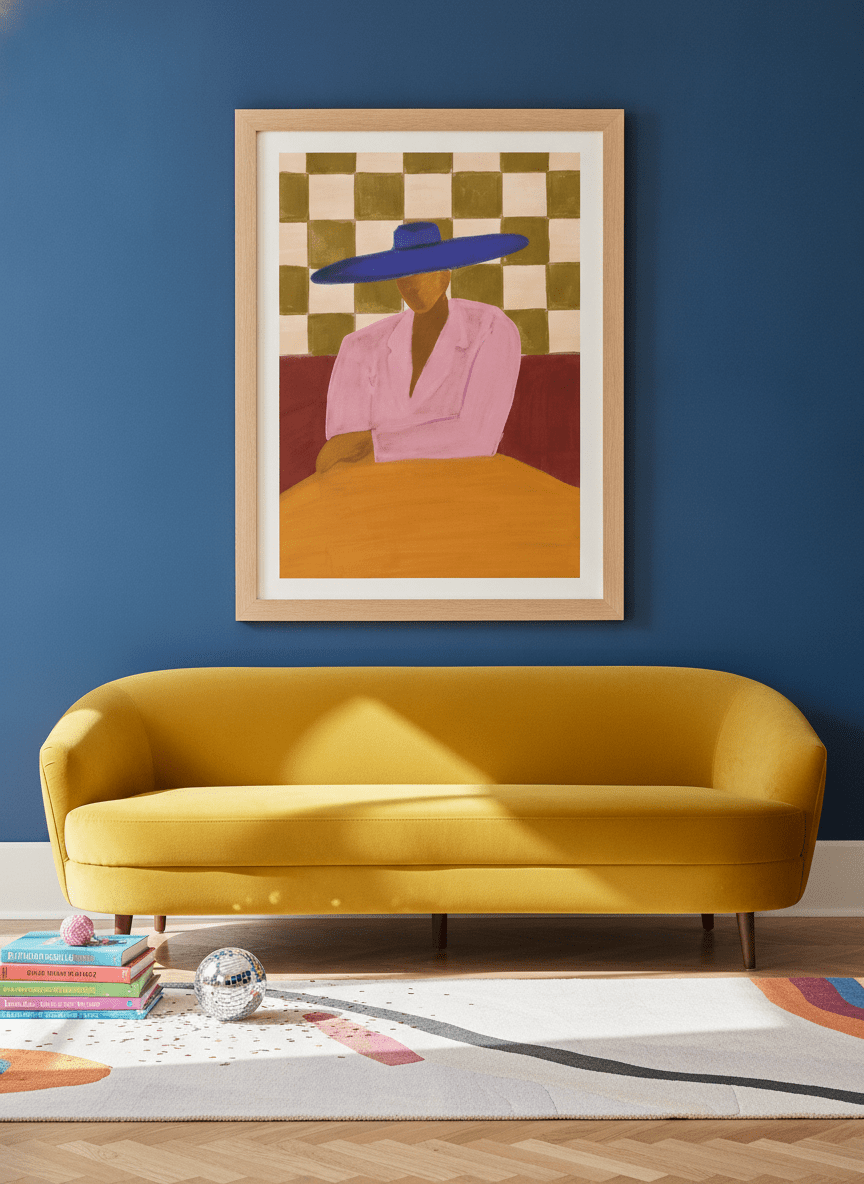 Modern wall art print styled on the wall in a colourful eclectic living room