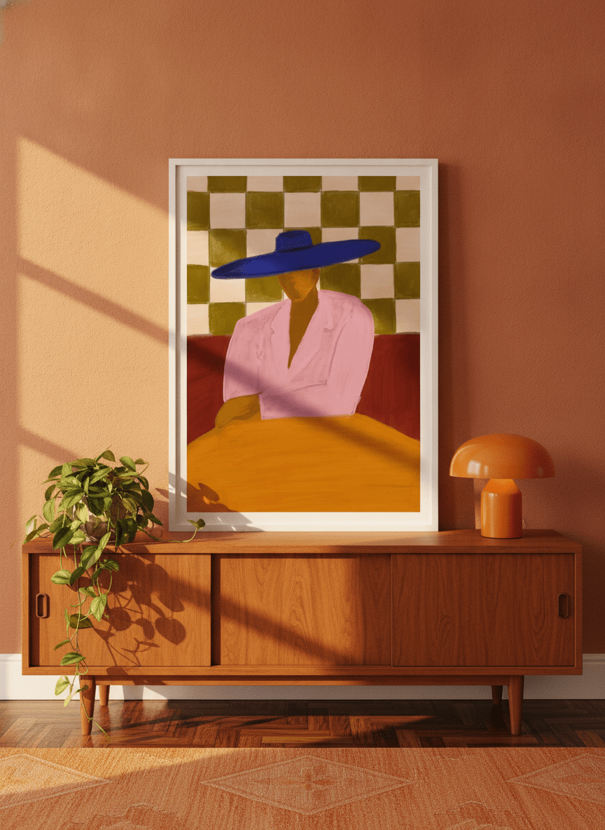 Modern wall art print standing on a sideboard in a retro 70s dining room
