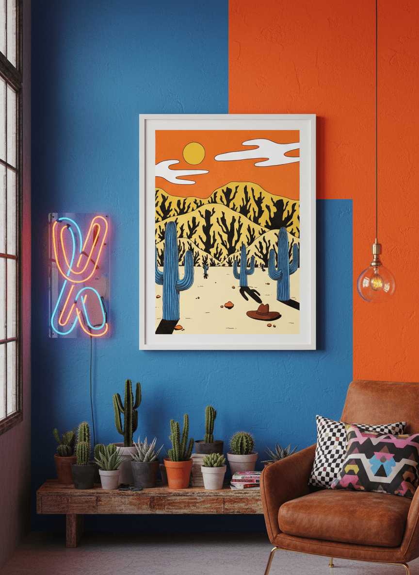 Bold wall art styled in a colourful, eclectic modern home