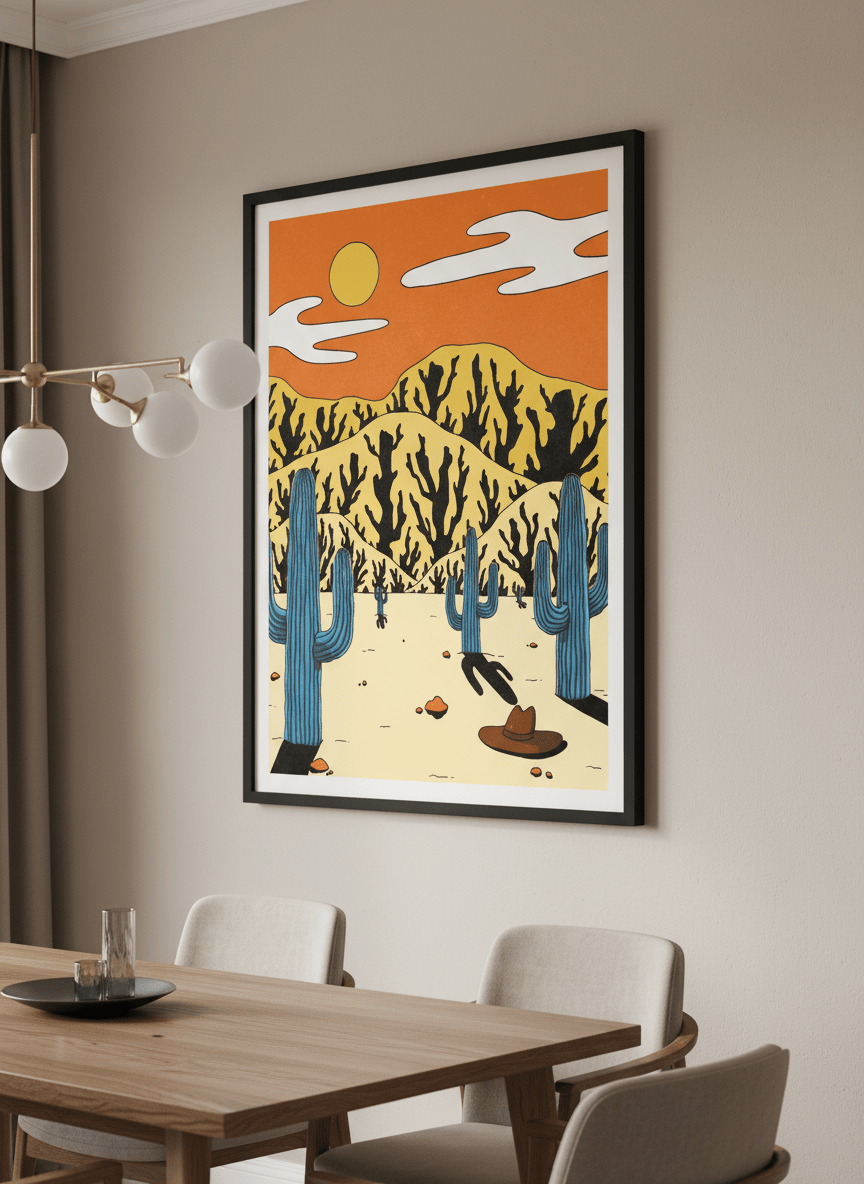 Wall art styled above a dining table in a contemporary home
