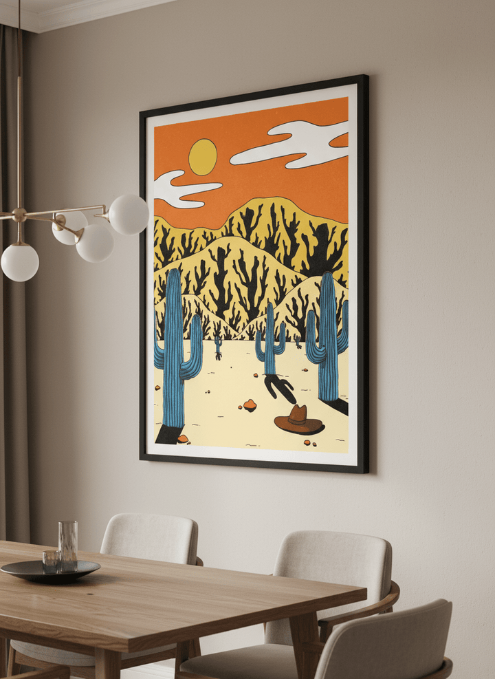 Wall art styled above a dining table in a contemporary home