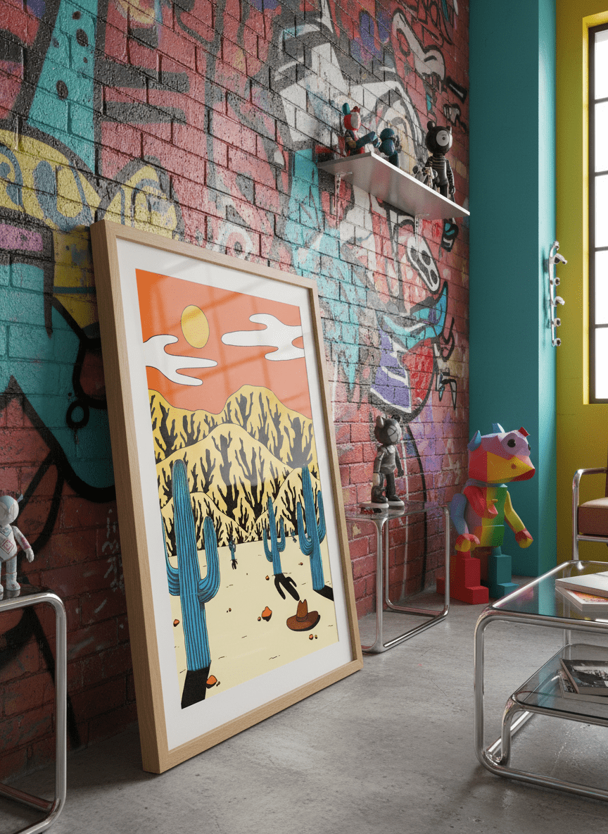 Bold wall art styled in a colourful, eclectic modern home