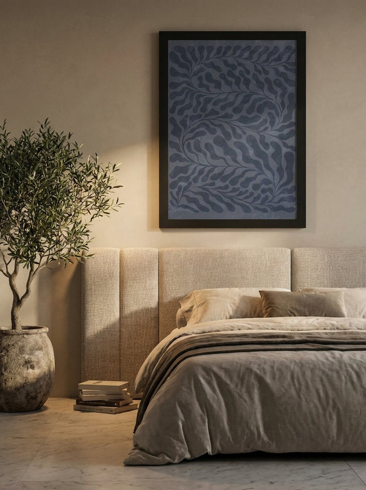 Modern wall art print styled on the wall in a luxe bedroom