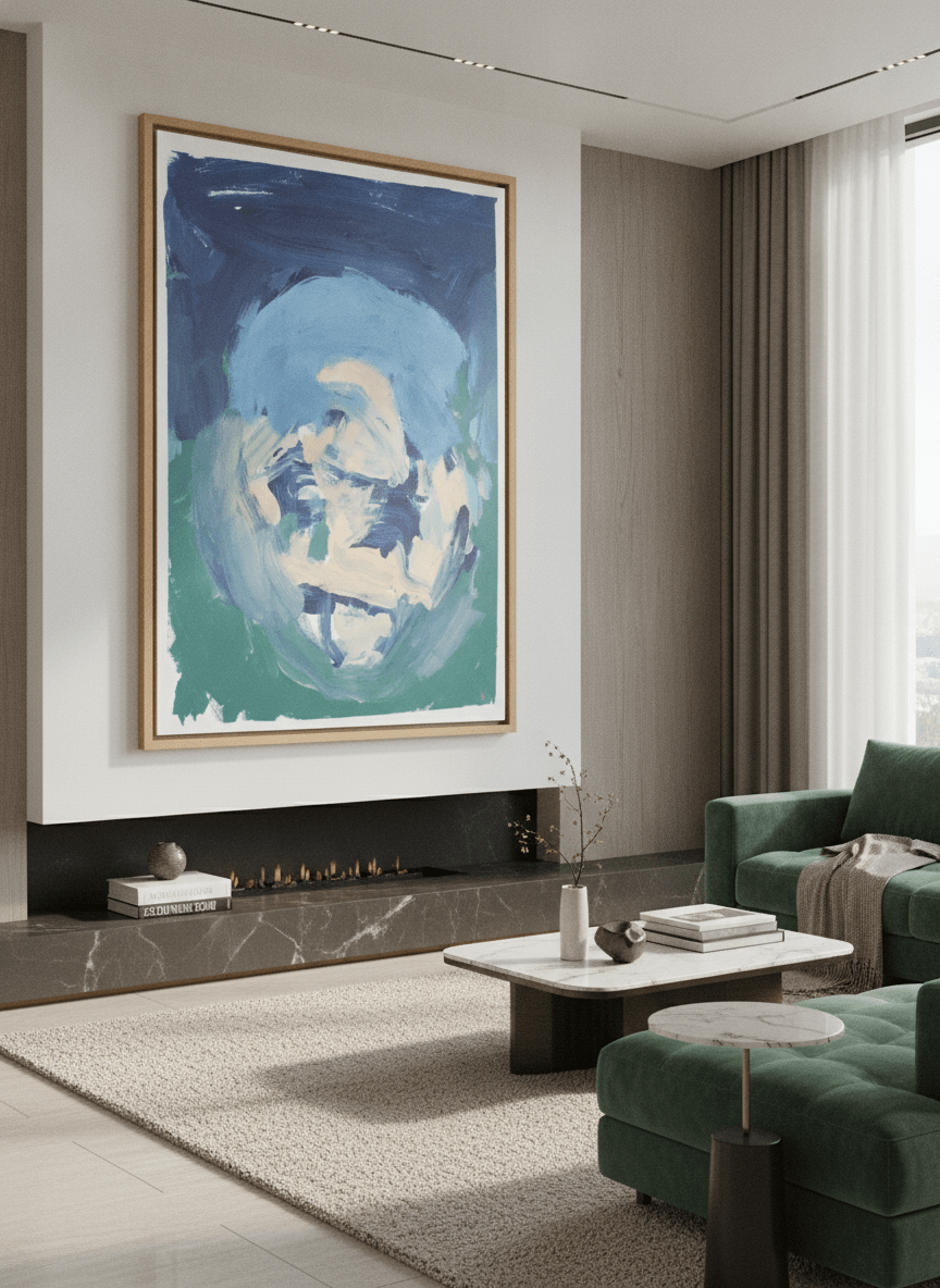 Monumental artwork centred on a feature wall in a luxe interior