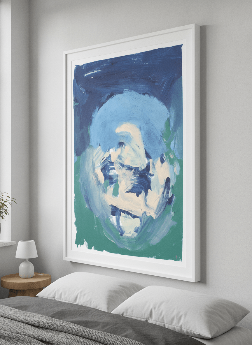 Minimalist artwork displayed in a calm, light-filled bedroom interior