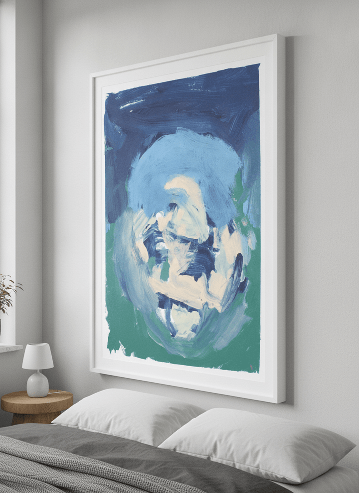 Minimalist artwork displayed in a calm, light-filled bedroom interior