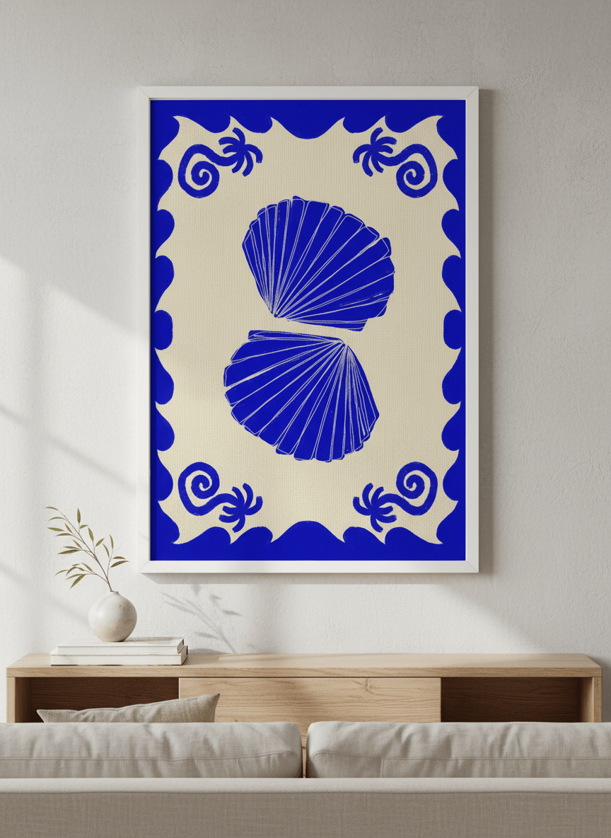 Modern wall art styled above a sofa in a neutral living room