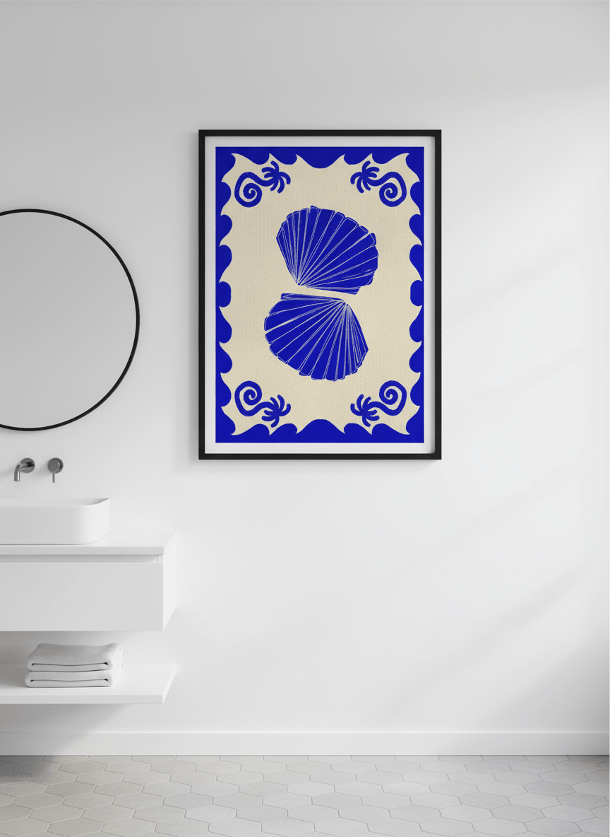 Modern print displayed in a clean minimalist bathroom setting