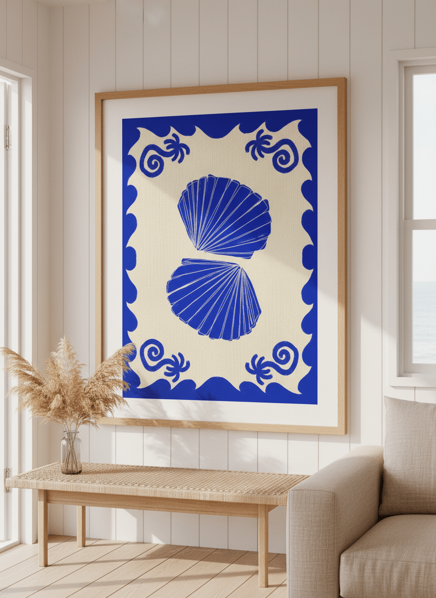 Neutral wall art displayed in a sunny coastal beach house