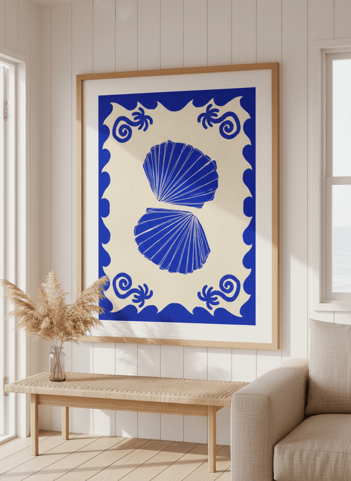 Neutral wall art displayed in a sunny coastal beach house