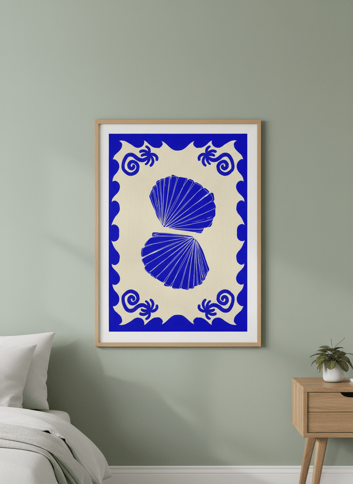 Minimalist artwork displayed in a calm, light-filled bedroom interior
