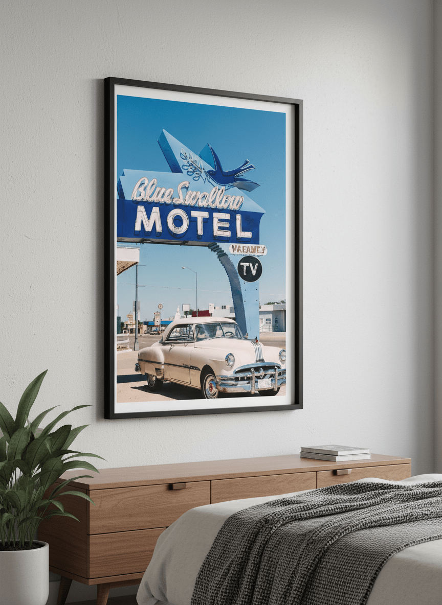Minimalist artwork displayed in a calm, light-filled bedroom interior