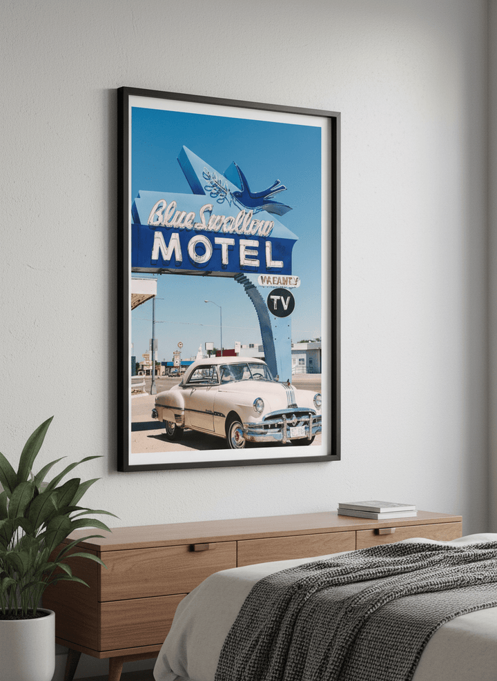 Minimalist artwork displayed in a calm, light-filled bedroom interior