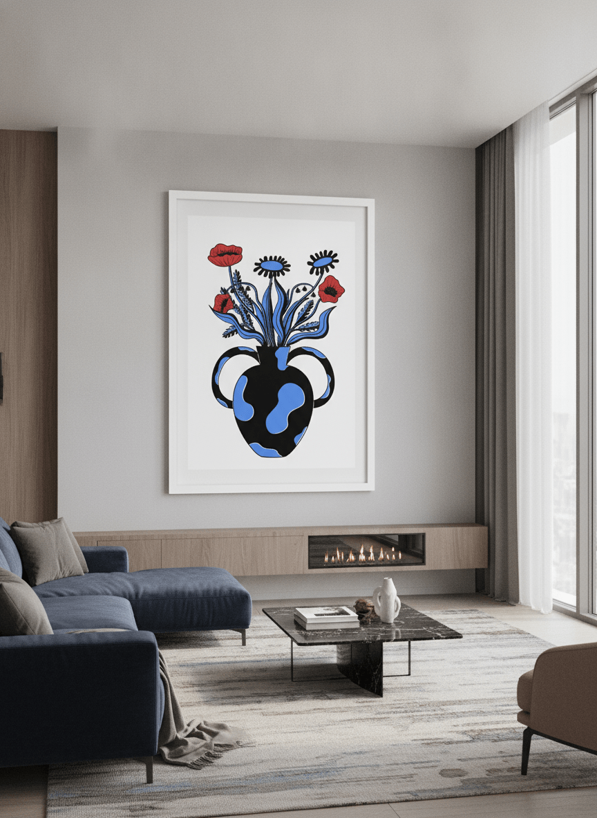 Monumental artwork centred on a feature wall in a luxe interior